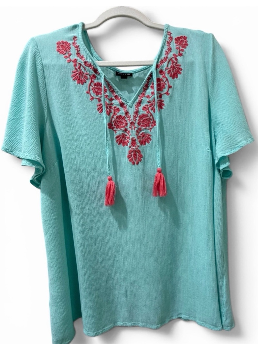 Torrid Size 2 Aqua Pink Embroidered Flutter Sleeve Boho Top Plus